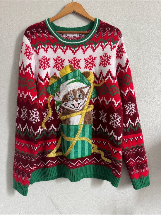 Holiday Time Sweaters - XL Christmas Sweater - Cat in gift box - Ugly Sweater